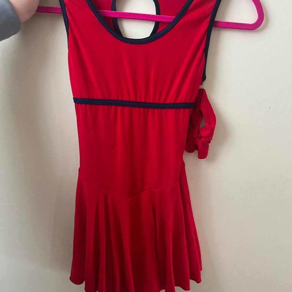 Red Sleeveless Figure Skating/Dance Dress with Navy Trim